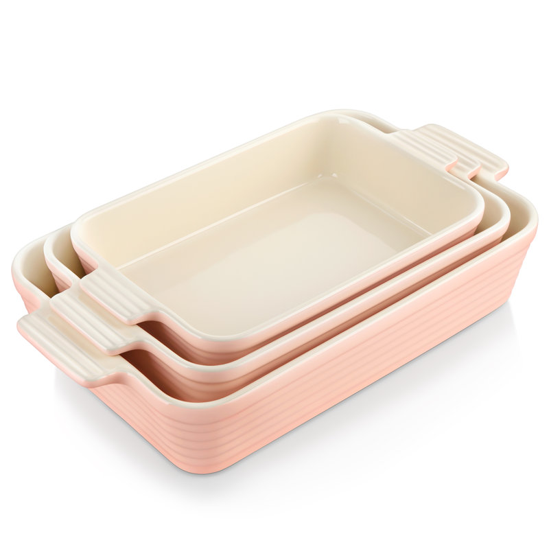 3-Piece Set Of Ceramic Baking Pans, Rectangular Baking Dish Set, Pink