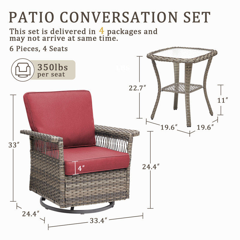 Swivel PE Wicker Rattan Outdoor Rocking Chairs Set With Side Table (4 Chairs And 2 Side Table), Red