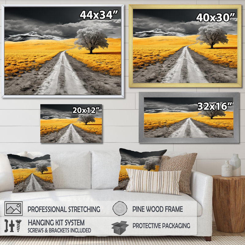 Route à travers les prairies jaunes VII sur toile, Cadre flottant noir, H 12 po x l 20 po x P 1 po