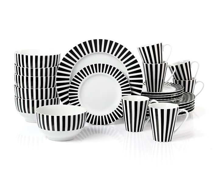 Waterside 24pc Black Split Stripe Porcelain Dinner Set