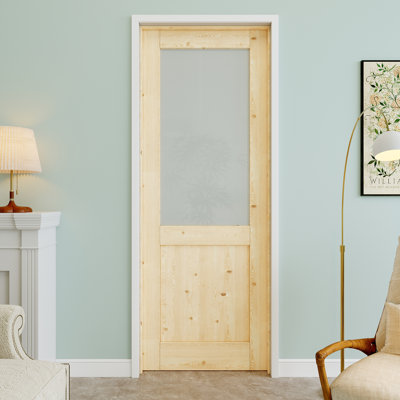 Porte pré-suspendue intérieure en bois de pin et verre givré 28 po x 80 po avec charnières noires demi-légères, dalle de porte d'intimité en verre, à peindre et imperméable, combinaison pour la lessive, portes de placard, portes de pièce, gauche