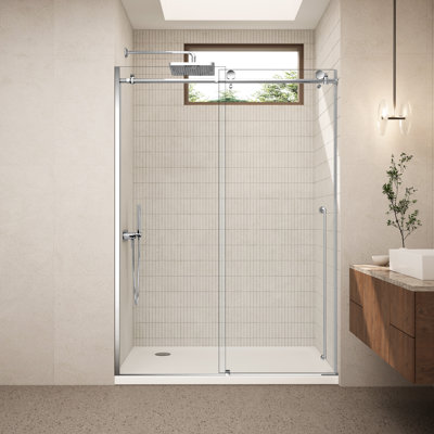 Frameless Sliding Shower Door 60" x 78", Chromed Finish, Reversible, 5/16" SGCC Tempered Clear Glass, Shatter-Resistant, Stainless Steel Hardware