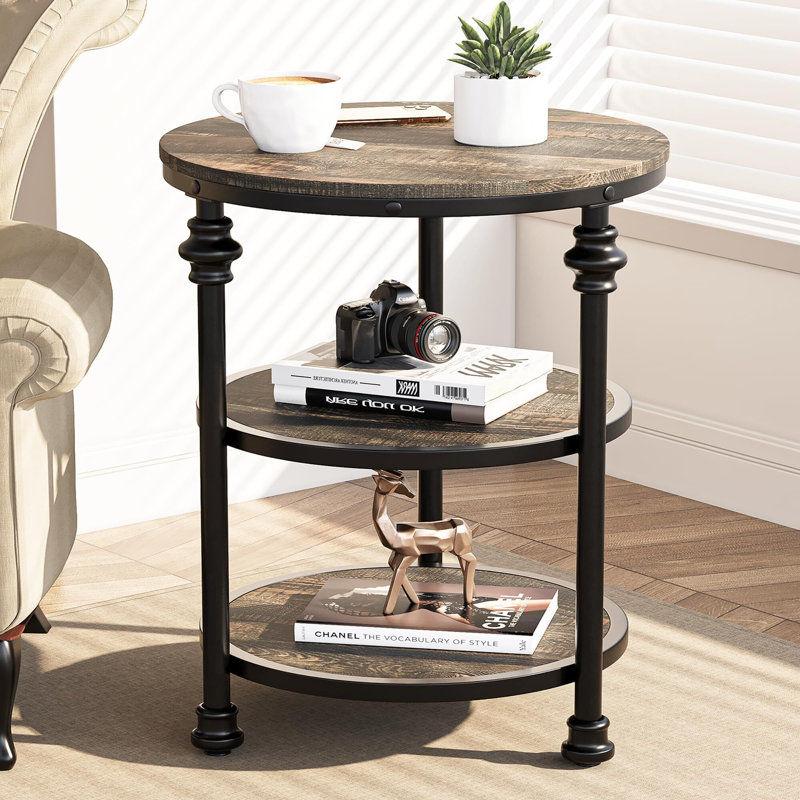 Small Side Table,Round End Table With 3 Shelves,Night Stand Accent Coffee Table With Steel Frame For Small Spaces, Gray