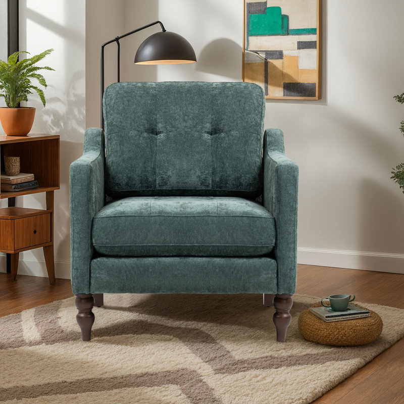 Fauteuil rembourré avec accoudoirs carrés et capitonnés, Vert foncé