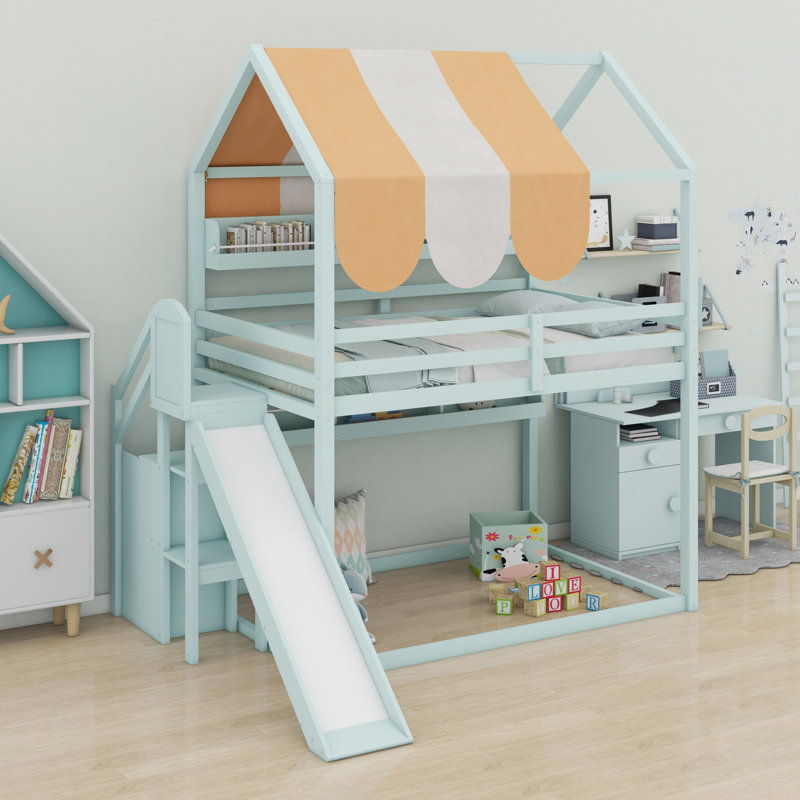 Lit maison avec auvent, glissoire et bibliothèque intégrée, Vert clair