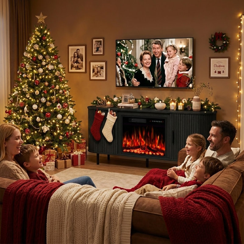 65" Fireplace TV Stand with Sliding Doors, Modern Fluted Media Console, Black