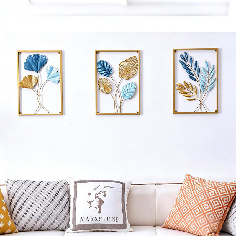 3-Piece Modern Metal Leaf Wall Art Set , Gold/Blue