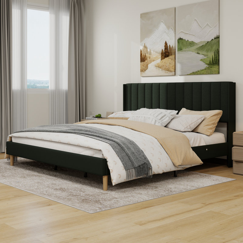 Lit plateforme tapissier moderne avec tête de lit verticale, Twin, Beige