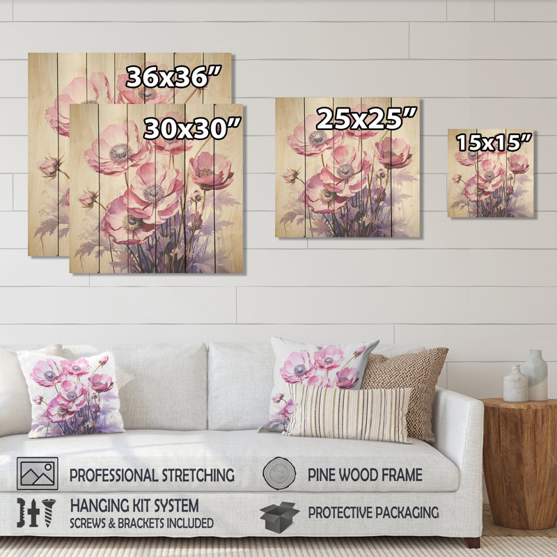 Impression de coquelicots mauves - coquelicots sur bois, H 15 po x l 15 po