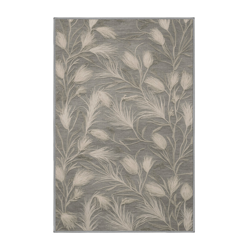Machine Washable Botanical Gray Area Rug, Runner 2' x 4'
