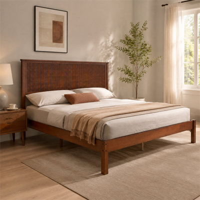 Walnut Queen Size Rubberwood Solid Wood Bed with Wavy Headboard, Supporting Beams and Reinforced Bed Frame Legs