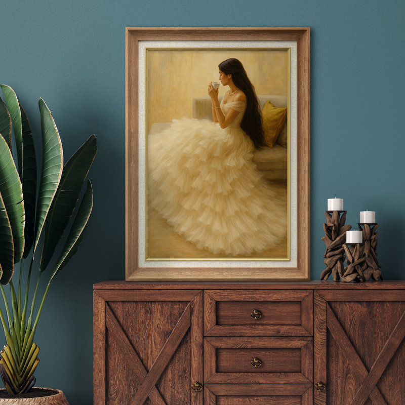 «Serene Woman Tea Moment Soft Neutral Interior Scene», reproduction d'art sur toile encadrée, H 36 po x l 26 po x P 1,5 po