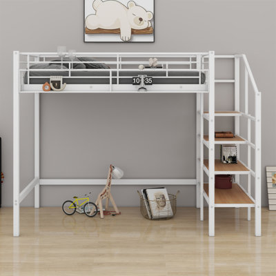Metal Loft Bed With Upper Grid Storage Shelf And Lateral Storage Ladder