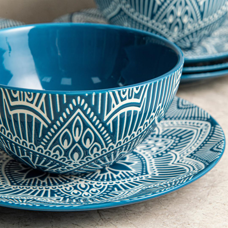 12-Piece Blue Floral Ceramic Dinnerware Set for 4