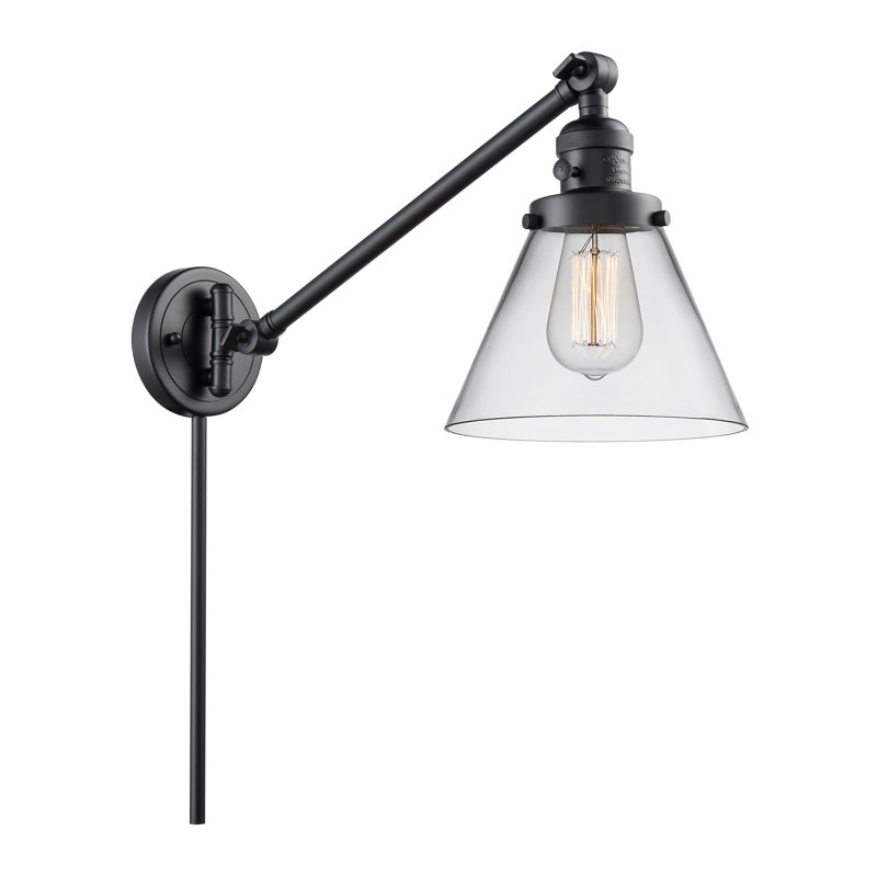 Lampe murale avec bras pivotant 1 lumière Cone, Clair, Noir mat, Ampoule incandescente rétro 60 watts