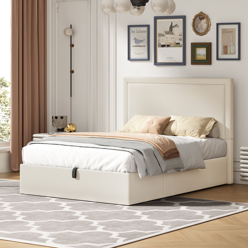 Lit de rangement rembourré hydraulique Yamada, Beige, Double