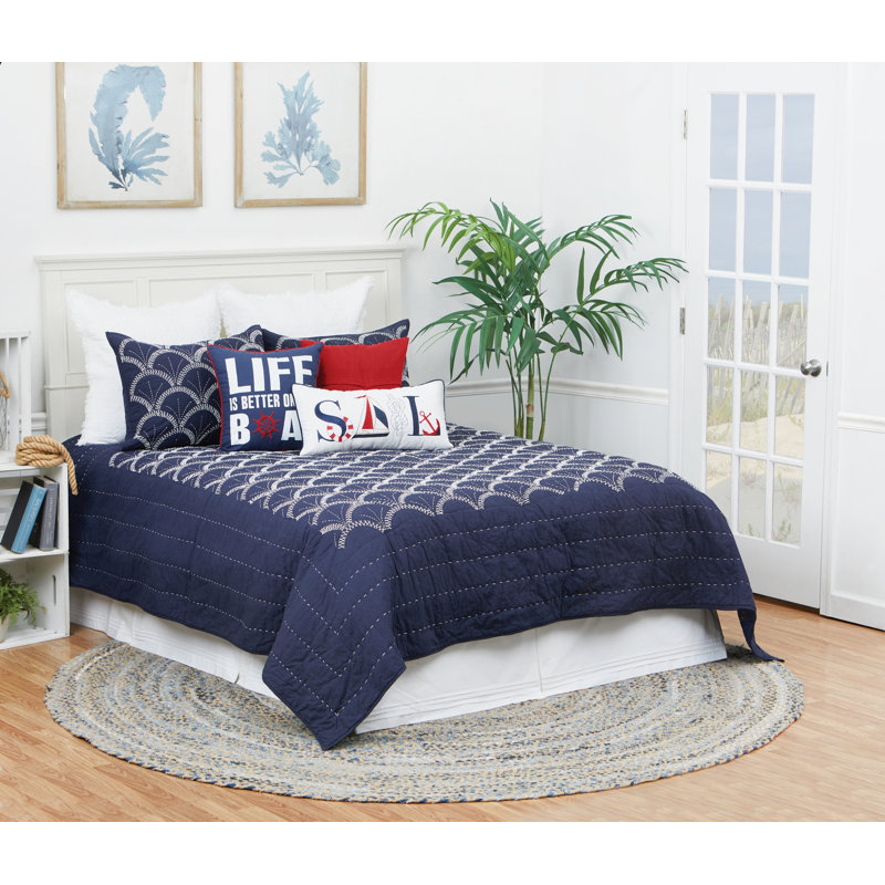 Blue Cotton Reversible Quilt Set