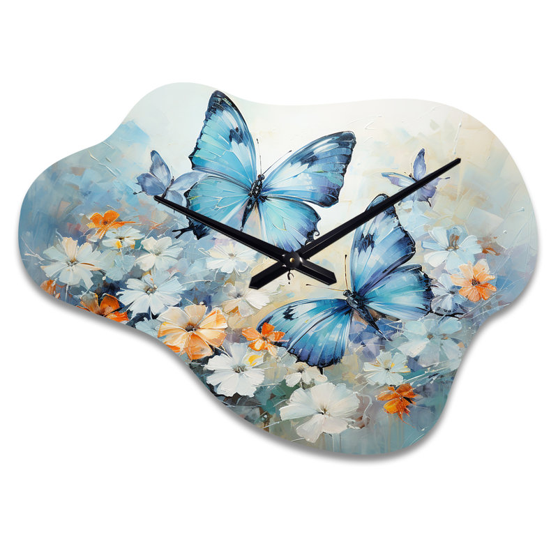 Bleu blanc papillon symphonie - horloge murale papillon en métal, impression d'horloge murale asymétrique moderne, Grand