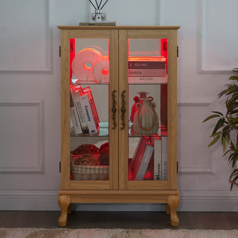Elegant Light Oak Curio Cabinet With Tempered Glass Doors, LED Light, Mirrored Back Panel & Adjustable Shelves – Perfect Display Storage For Home & Office