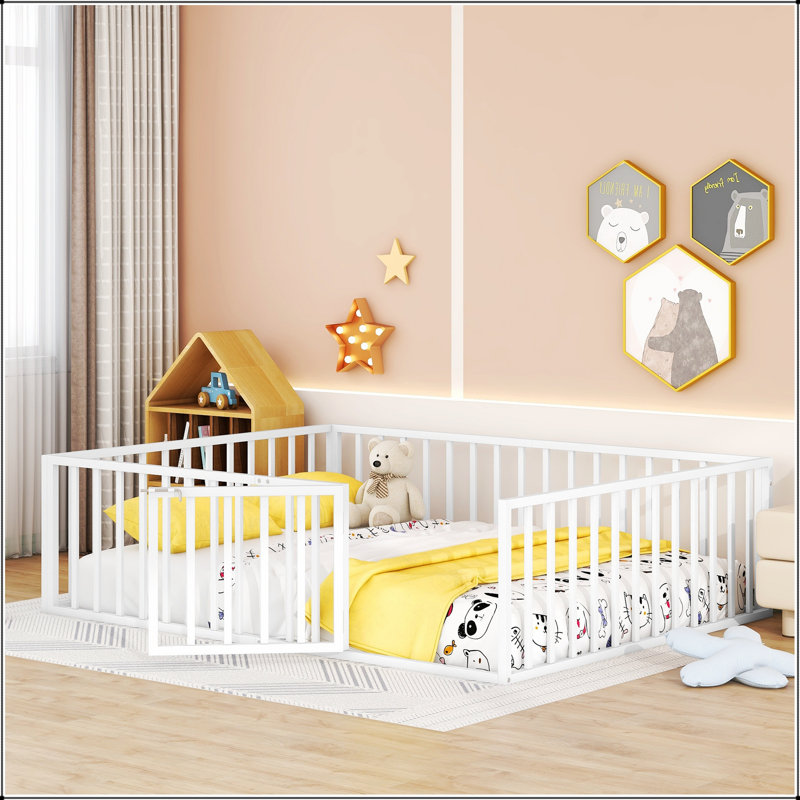 Queen Size Metal Floor Bed Frame With Fence And Door, Perfect For Modern Bedrooms And Enhanced Safety, White
