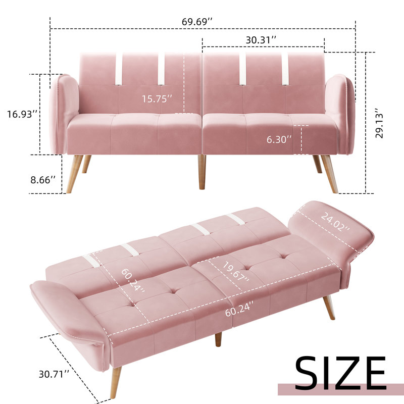 Canapé convertible en futon 69,69 po Brooksley, Velours rose