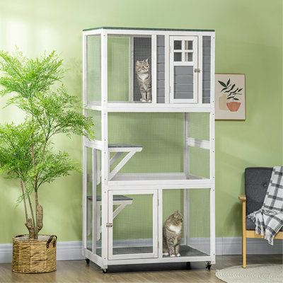 Pawhut 74" Wooden Outdoor Cat House Weatherproof & Wheeled, Catio Outdoor Cat Enclosure With High Weight Capacity, Kitten Cage Condo