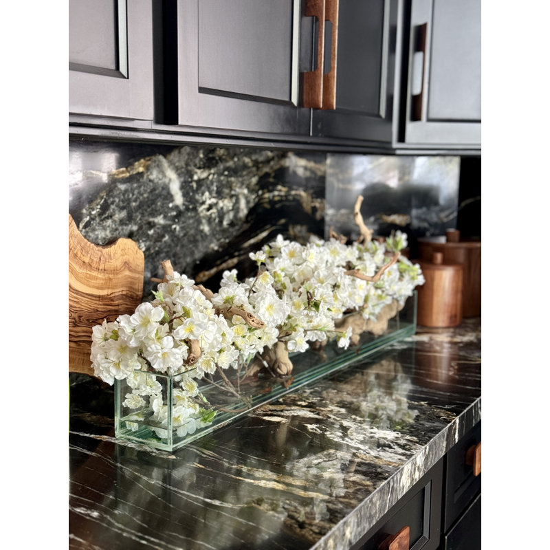 Cherry Blossoms In Glass Planter, 8" H x 50" W x 6" D