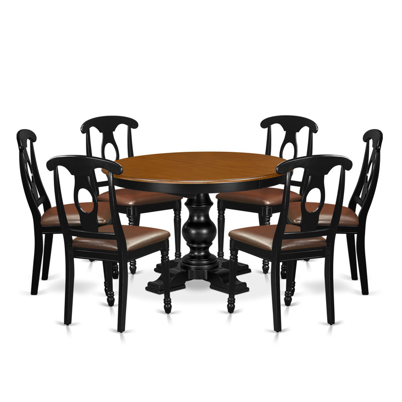 7 Piece Oval Dinner Set Included a Kitchen Table with Extension Leaf and Pedestal Base, 6 PU Leather Dining Room Chairs, Simple Assemble, Napoleon Back, Black Finish
