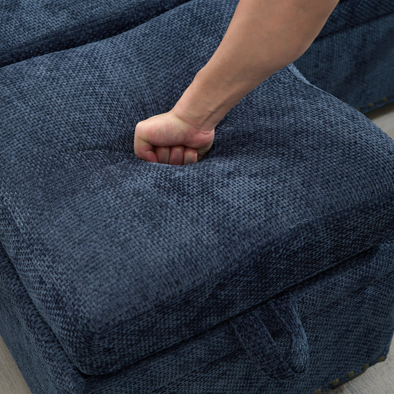 97" L-Shaped Upholstered Chenille Put-Out Sofa Bed Sectional with Storage Ottoman and 2 Pillows, Blue Chenille