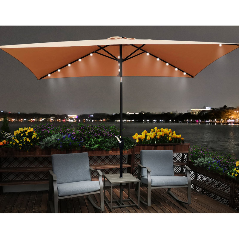 Parasol rectangulaire 10X6.5Ft avec lumières solaires - Brun, auvent imperméable, fonction d'inclinaison pour la piscine extérieure