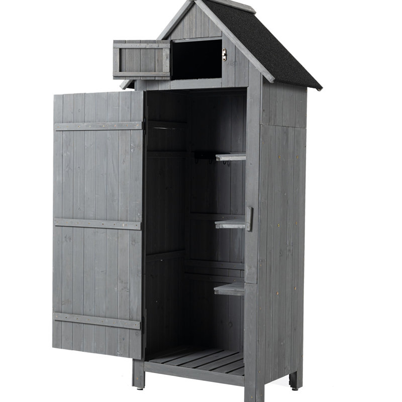 Remise à outils pour l'extérieur, cadre en bois massif, toit en asphalte imperméable, vaste espace pour les outils de jardin en bois gris,