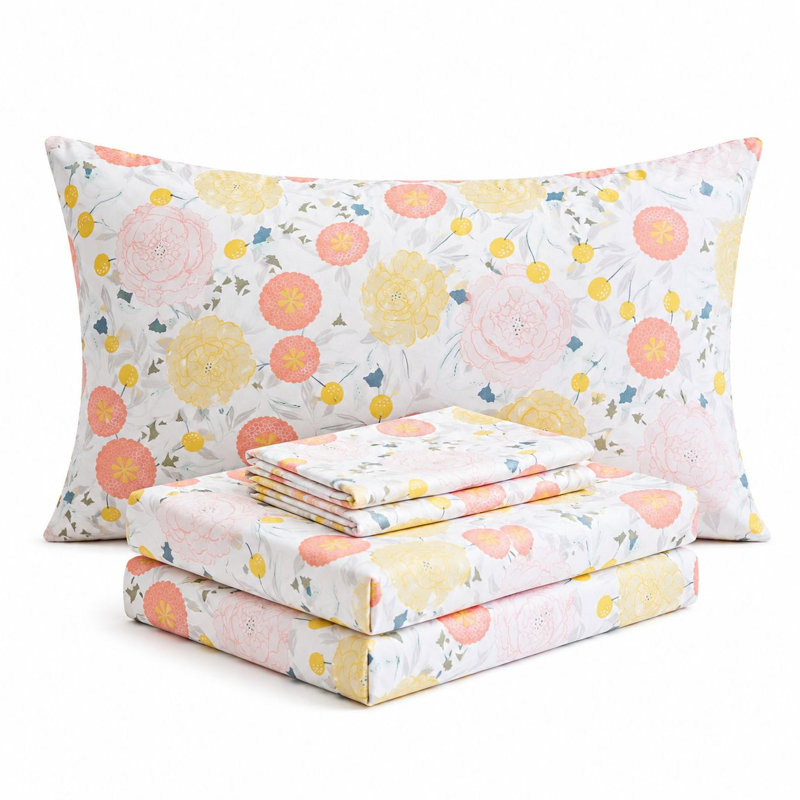  Ensemble de draps en microfibre Floral, Blanc / turquoise corail / bleu sarcelle jaune