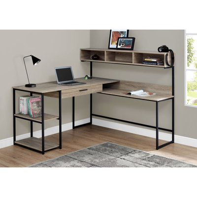 Bureau d'ordinateur en L avec tiroirs, stratifié taupe, rangement stable en L pour bureau à domicile, stratifié brun et métal noir, mobilier moderne