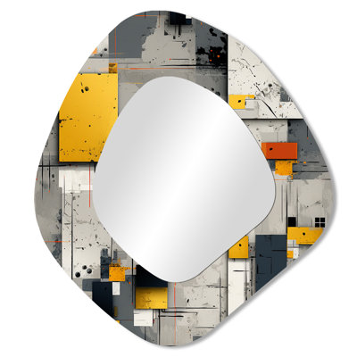 Grey Cubic Striped Wall Pattern I - Striped Irregular Shape Mirror, Yellow Asymmetrical Unique Wall Mirror, Printed Metal Art