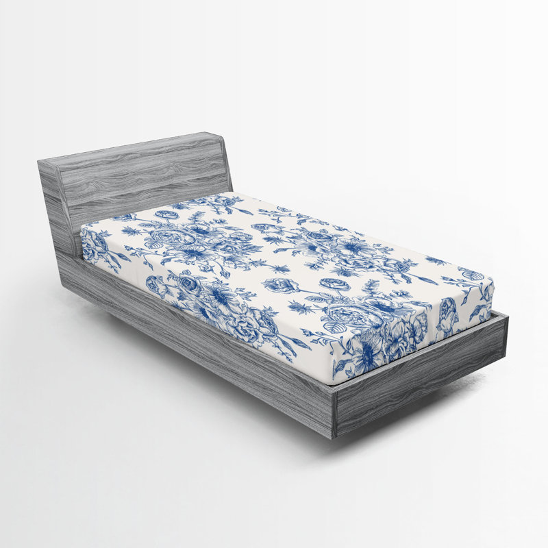 Drap-housse orange Ambesonne, Drap-housse pour lit simple TG, Bleu nuit / floral blanc