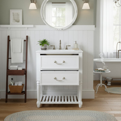 24-Inch Small Bathroom Vanity With Two Drawers And Open Shelf, Retro Bathroom Cabinet With Ceramic Sink And Decorative Wave Details
