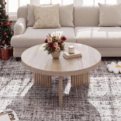 33.5" Circle Center Table | Round Coffee Table with Fluted Legs & 1.3" Thick Top |  Accent Sofa Tables for Living Room, Bedroom, Easy Assembly, Light Oak
