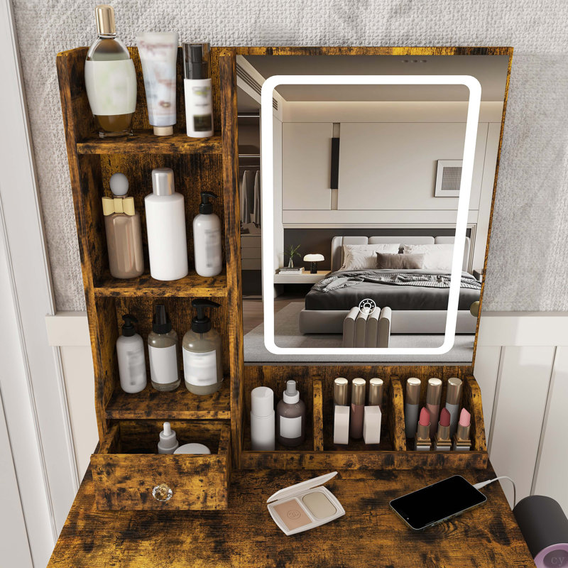 Vanity Desk With Drawers And Storage Shelves, Dressing Table With Hair Dryer Holder And Power Socket, One Dressing Chair