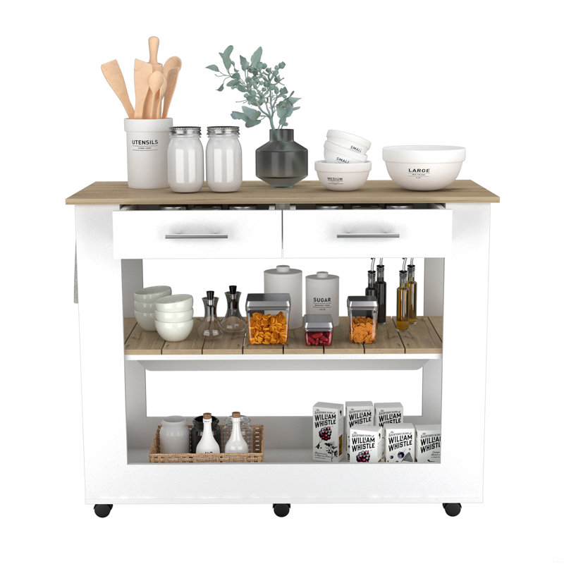 Kitchen Island 46,  Six Casters, Two Drawers, Lower Open Shelf