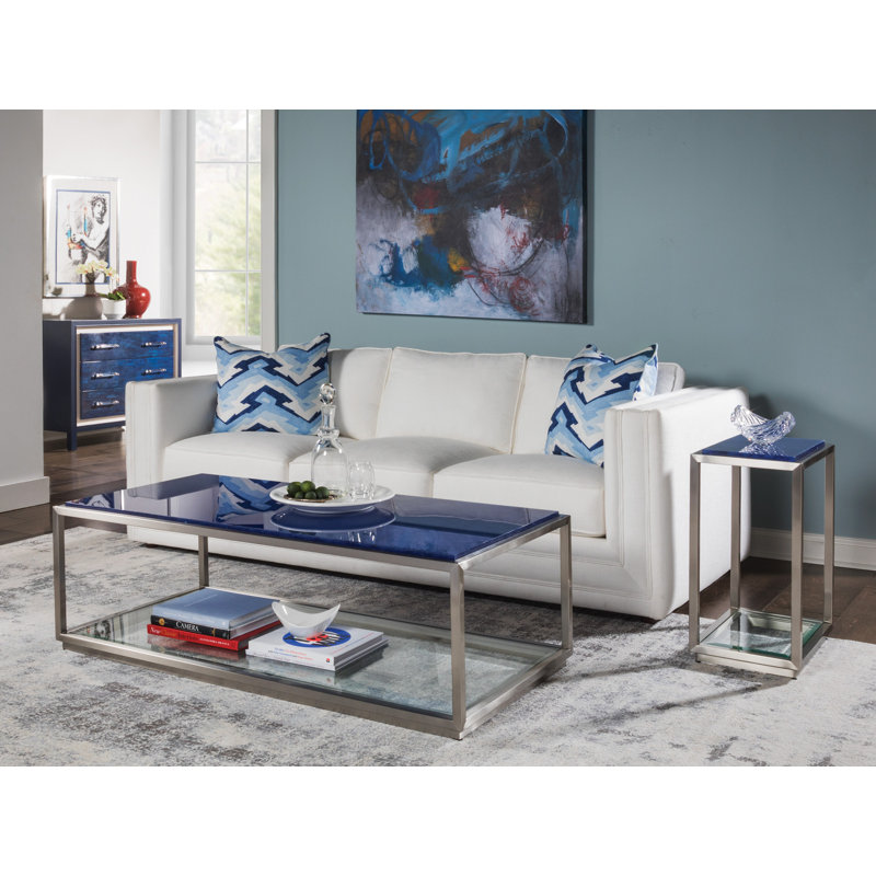 Contemporary Ultramarine Glass & Metal Rectangular Coffee Table