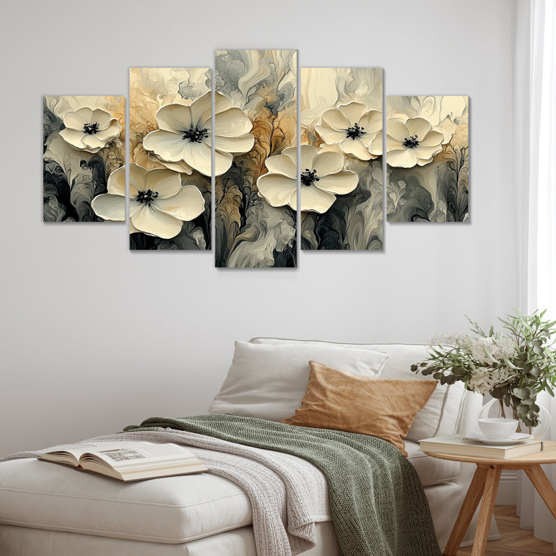Fleurs abstraites dans le vent II - art mural fleurs - ensemble d'art mural moderne 5 pièces