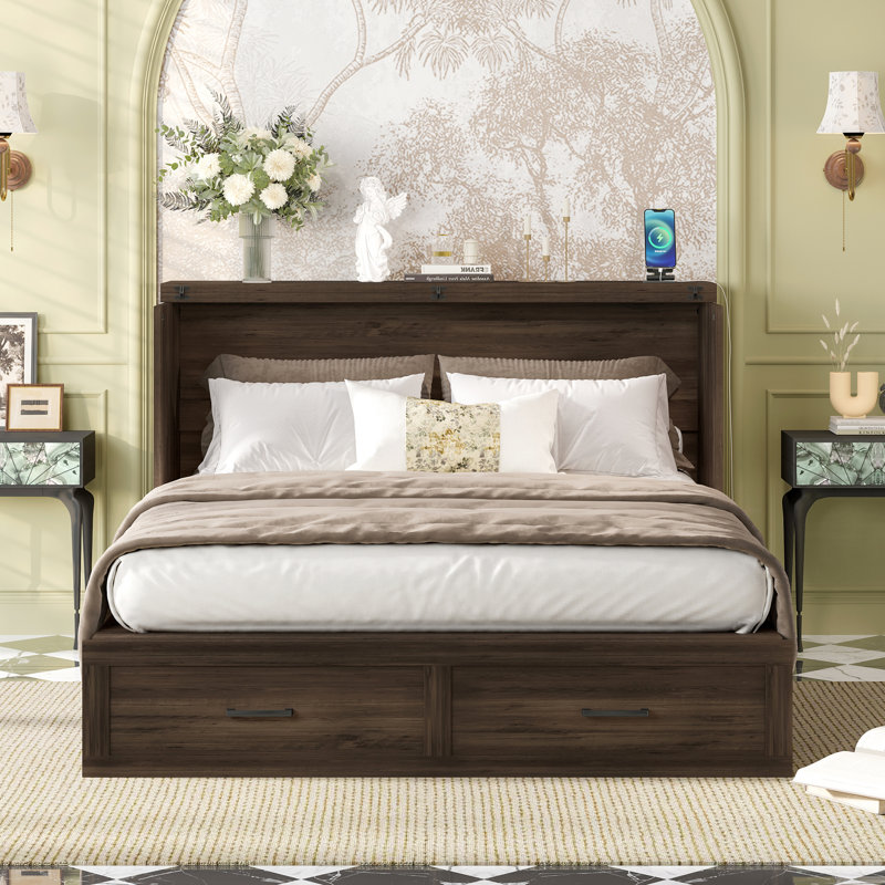  Queen Farmhouse Murphy Cabinet Bed with Charging Station, Foldable Platform Bed with Storage Drawer, Rustic Grey, Grey