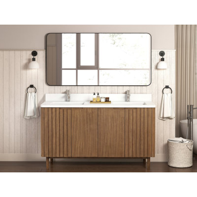 Meuble-lavabo sur pied moderne Tennant Brand 60 pouces, chêne chaud brun fumé, double vasque, comptoir en quartz blanc, entièrement assemblé