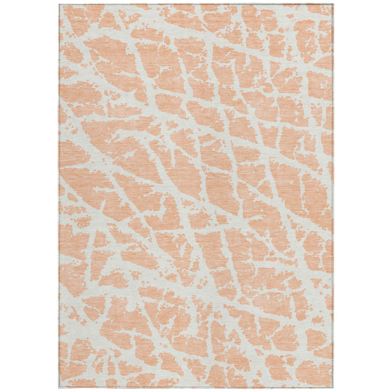 8' X 10' Peach and Ivory Abstract Washable Non Skid Indoor Outdoor Area Rug, 60" W x 90" L