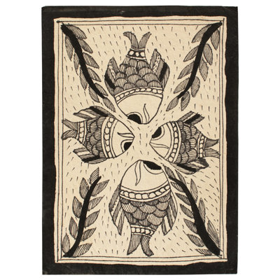 Fishes Coming To Center | Madhubani Painting On Handmade Paper