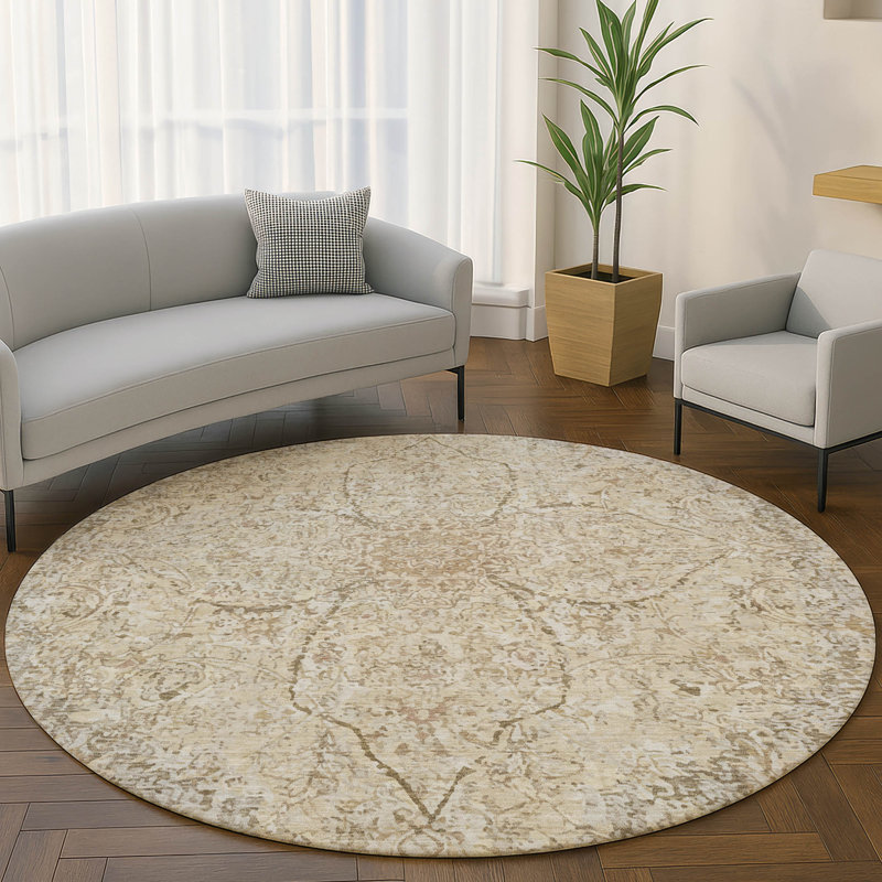 Premium Machine Washable Mayfield AMF2136 global Rug, Beige, 8' Round