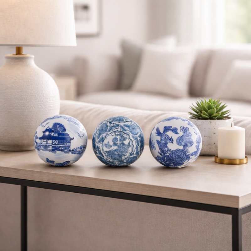 Sculpture Artful en céramique chinoises pour décorations de salon - Figurine élégante pour la décoration intérieure - ensemble de 3, 5 ", bleu et blanc