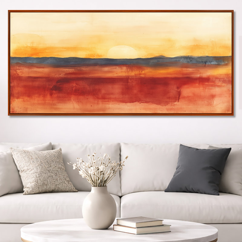«Terracotta Horizon», art mural abstrait rouille, Carlton, 28" H x 60" W, Brown Floater Framed