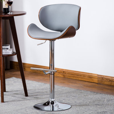 Tabouret de bar pivotant gris à hauteur réglable avec structure en noyer, siège rembourré, matériau principal en métal, siège et dossier courbés et relevables de style contemporain et contemporain American Design, l 21 po x P 21 po x P 36 à 44 po