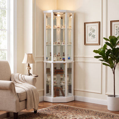 Vitrine de coin lumineuse avec portes en verre et tablettes en verre